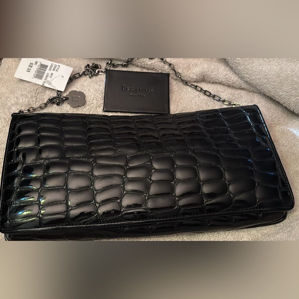 Eric Javits Black Croc Embossed Patent Leather clutch shoulder bag NWT